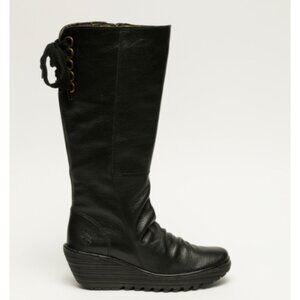 FLY London Yust Knee High Black Leather Lace Up Wedge Boots Size 38 8